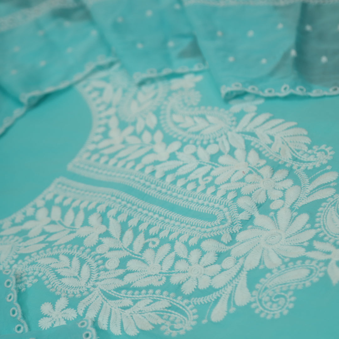 Apurav Aqua Cyan Chikankari inspired Neck Work Cotton Suit Set