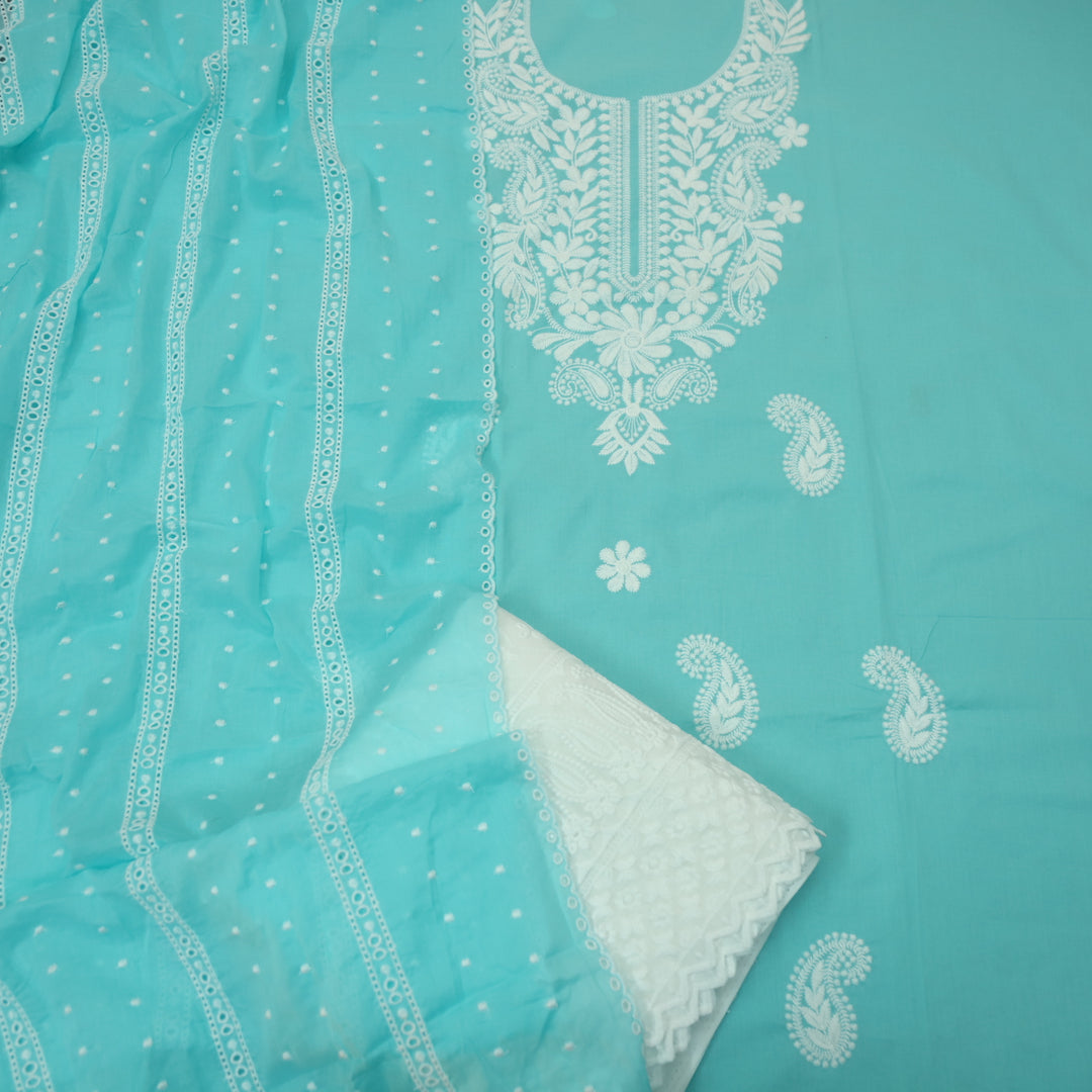 Apurav Aqua Cyan Chikankari inspired Neck Work Cotton Suit Set