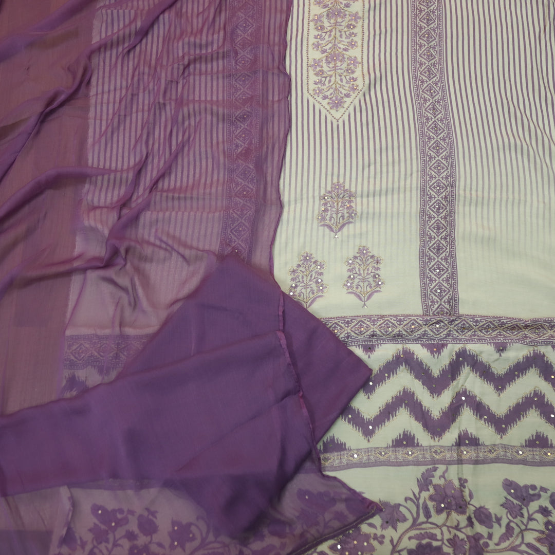 Newari Violet Purple Digital  Printed with Zari Detailing Muslin Suit Set