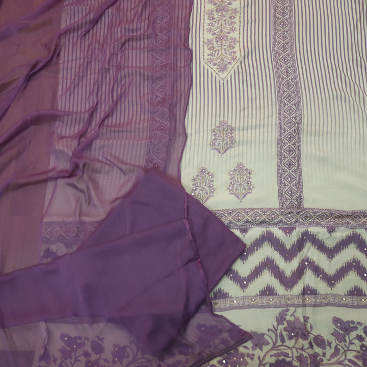 Newari Violet Purple Digital  Printed with Zari Detailing Muslin Suit Set