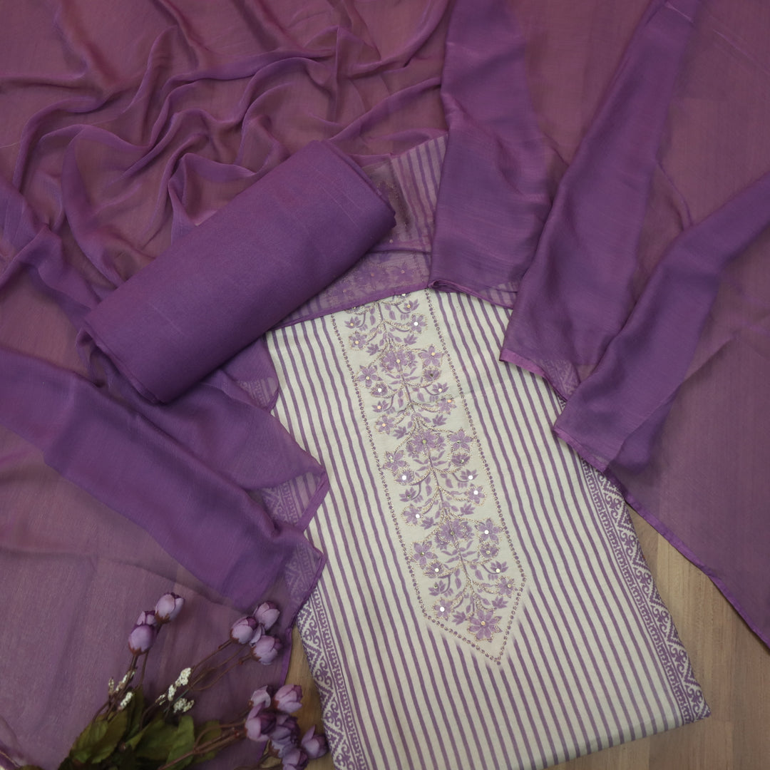 Newari Violet Purple Digital  Printed with Zari Detailing Muslin Suit Set