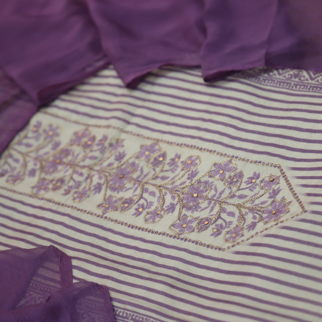 Newari Violet Purple Digital  Printed with Zari Detailing Muslin Suit Set