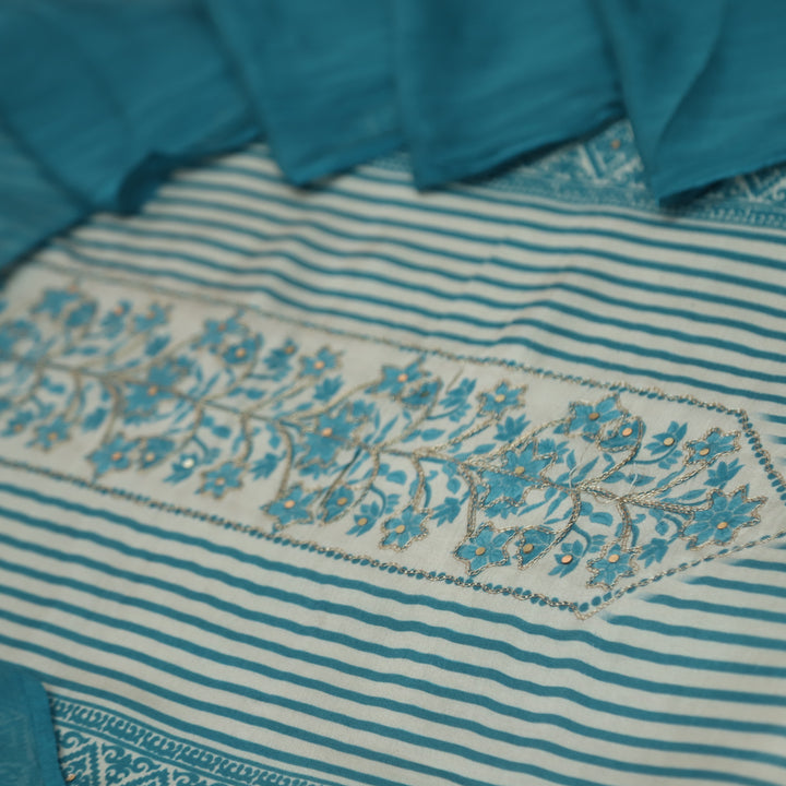 Newari Cyan Teal Digital  Printed with Zari Detailing Muslin Suit Set