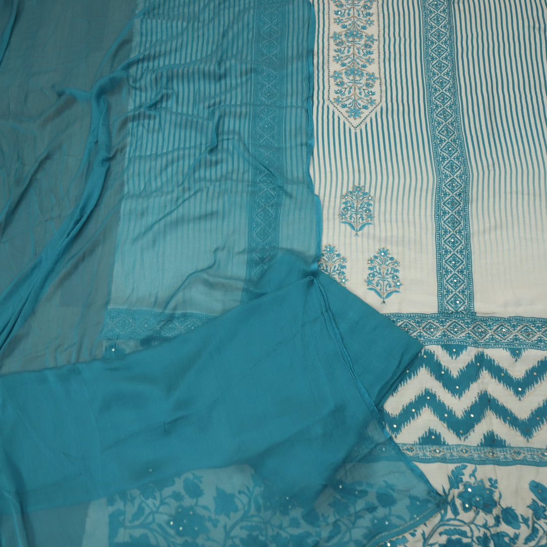 Newari Cyan Teal Digital  Printed with Zari Detailing Muslin Suit Set