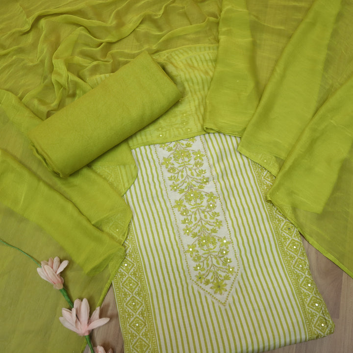 Newari Canary Yellow Digital  Printed with Zari Detailing Muslin Suit Set