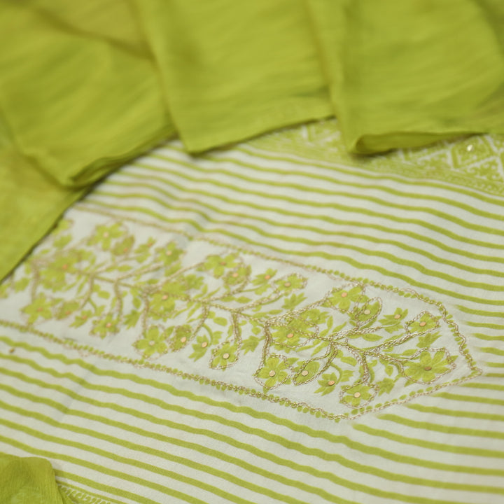 Newari Canary Yellow Digital  Printed with Zari Detailing Muslin Suit Set