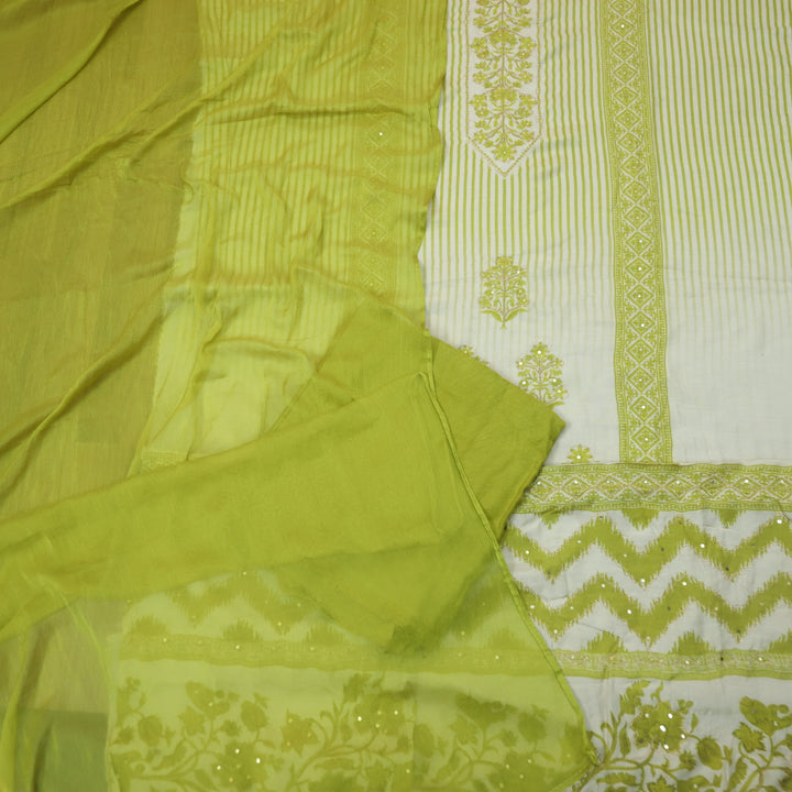 Newari Canary Yellow Digital  Printed with Zari Detailing Muslin Suit Set