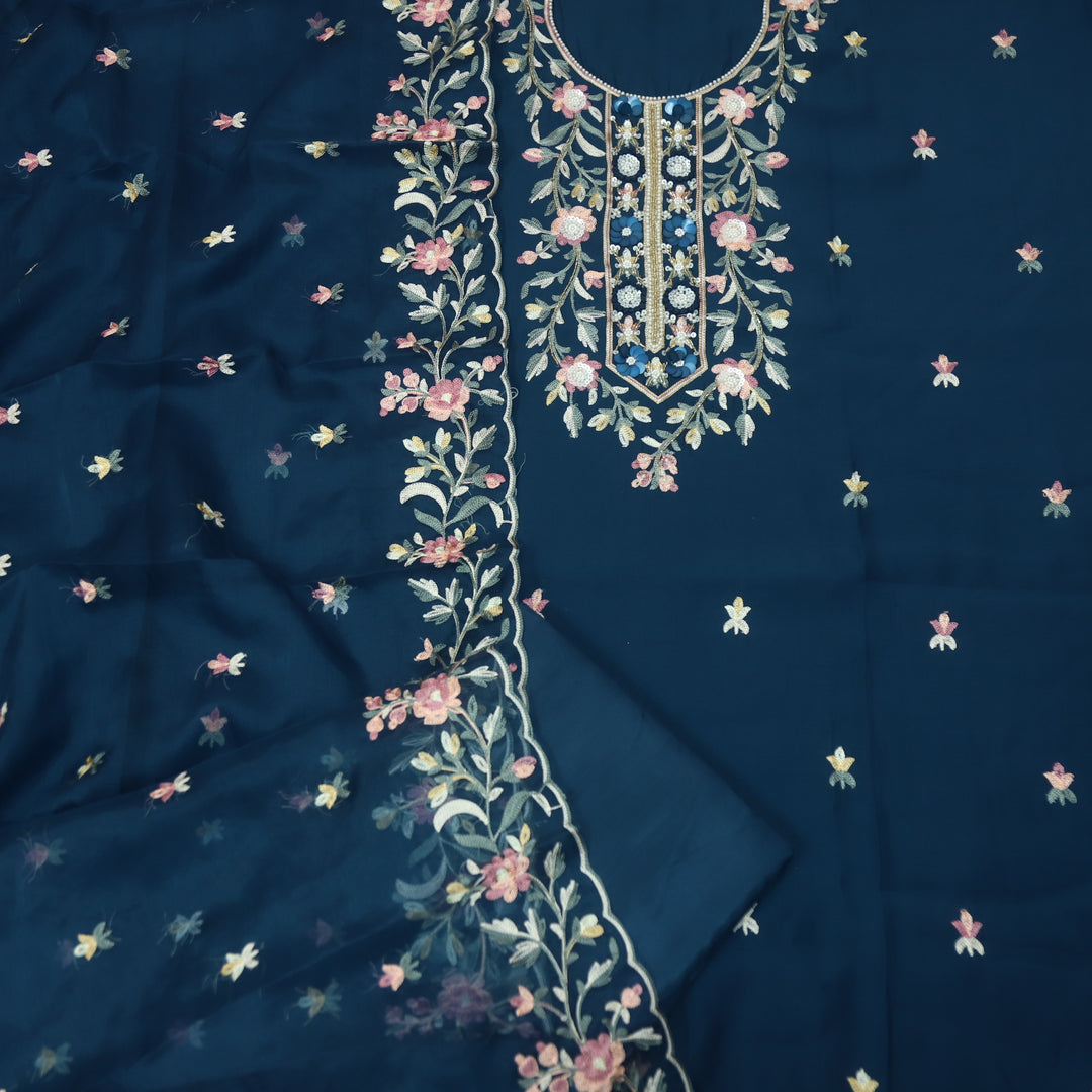 Rivva Navy Denim Blue Moti with Embroidered Neck Work Modal Suit Set