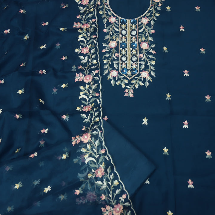 Rivva Navy Denim Blue Moti with Embroidered Neck Work Modal Suit Set