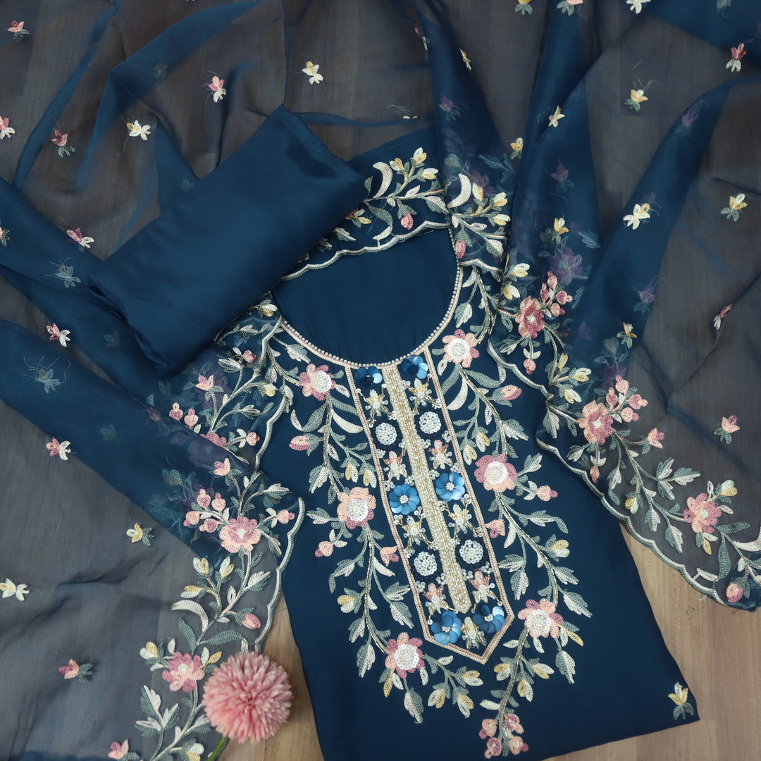Rivva Navy Denim Blue Moti with Embroidered Neck Work Modal Suit Set