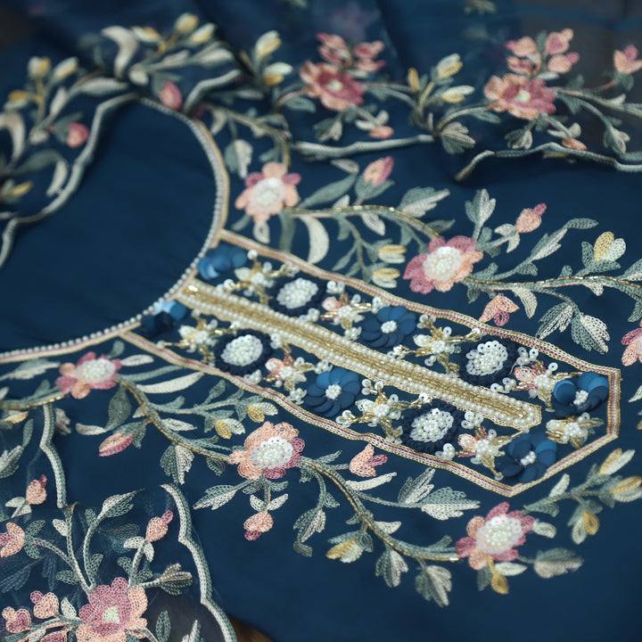 Rivva Navy Denim Blue Moti with Embroidered Neck Work Modal Suit Set