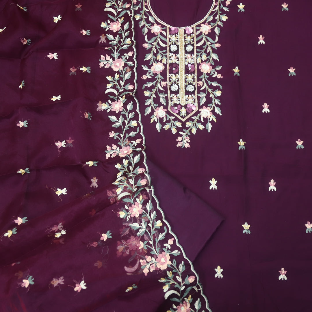 Rivva Eggplant Purple Moti with Embroidered Neck Work Modal Suit Set