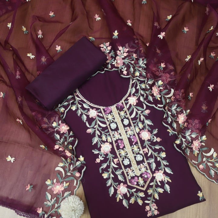 Rivva Eggplant Purple Moti with Embroidered Neck Work Modal Suit Set