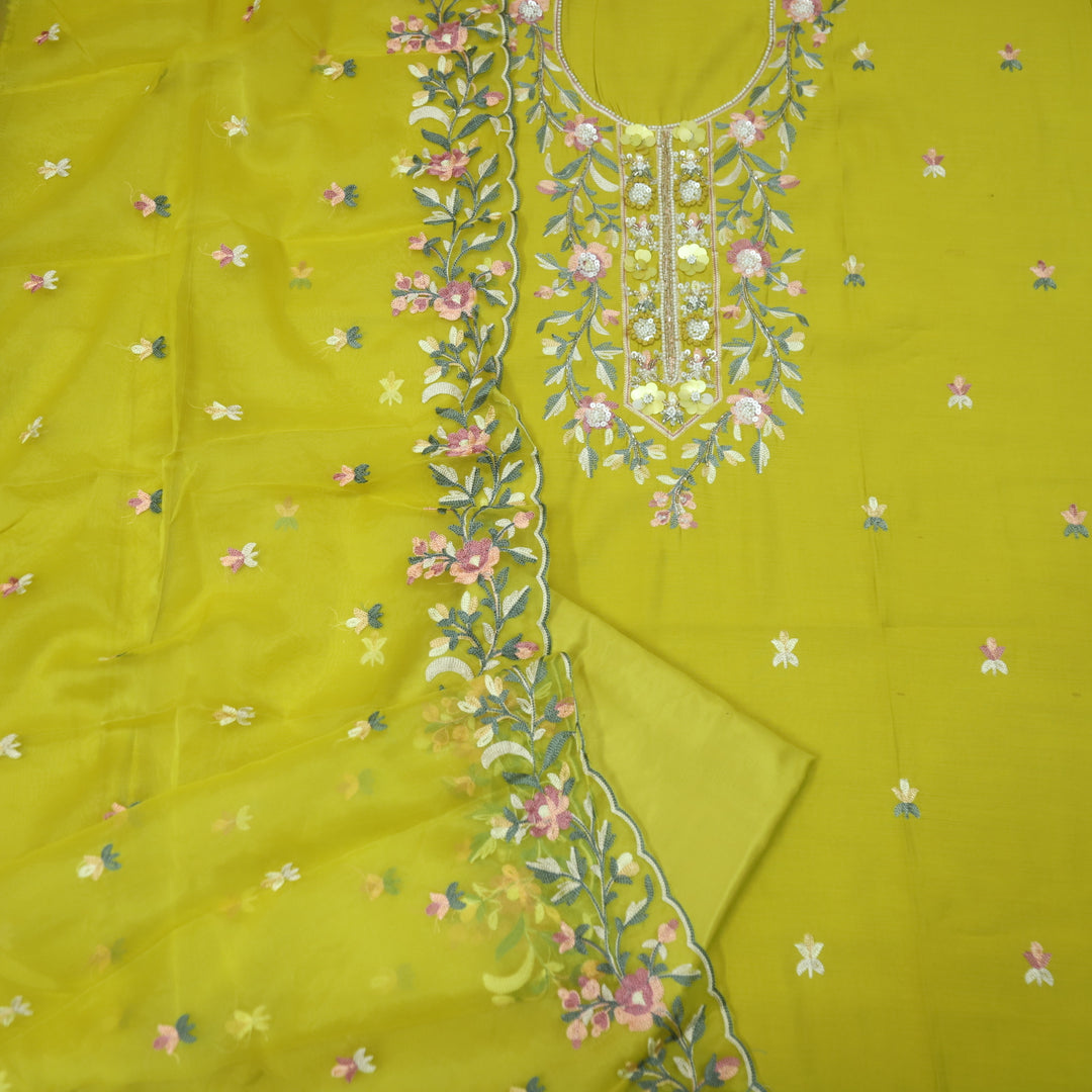 Rivva Lemon Yellow Moti with Embroidered Neck Work Modal Suit Set