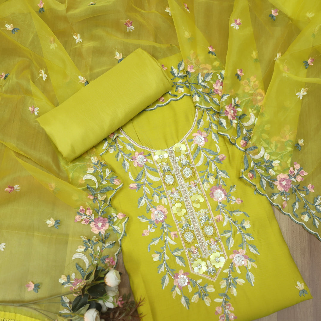 Rivva Lemon Yellow Moti with Embroidered Neck Work Modal Suit Set
