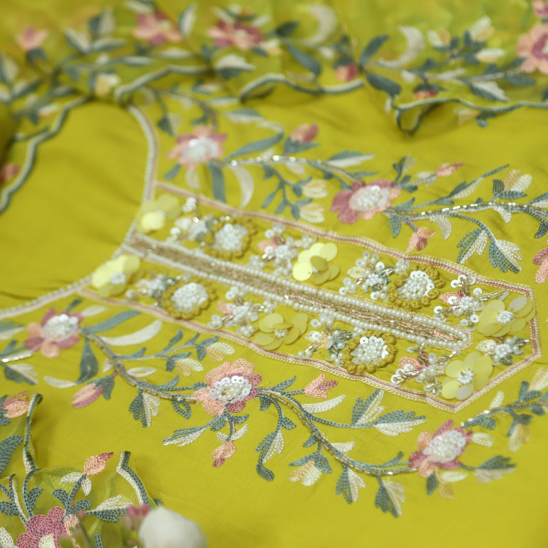 Rivva Lemon Yellow Moti with Embroidered Neck Work Modal Suit Set