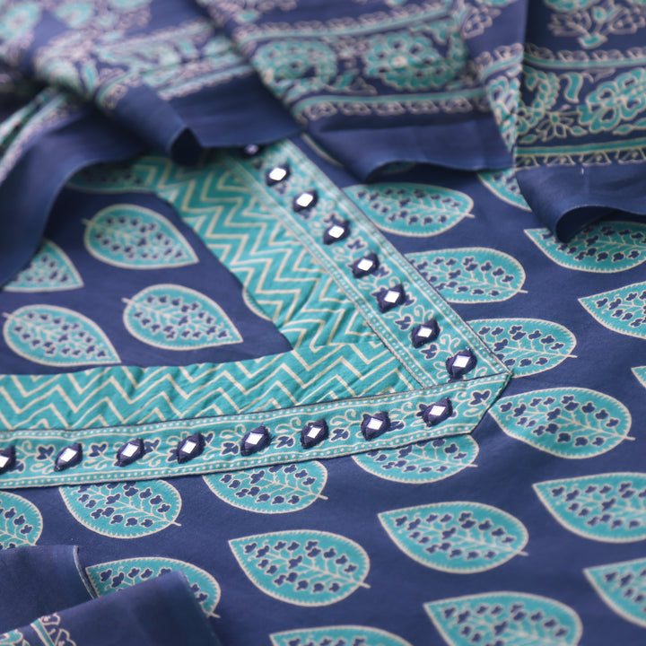 Paaki Navy Blue V Neck Mirror Detailing in Leaf Printed Cotton Suit Set