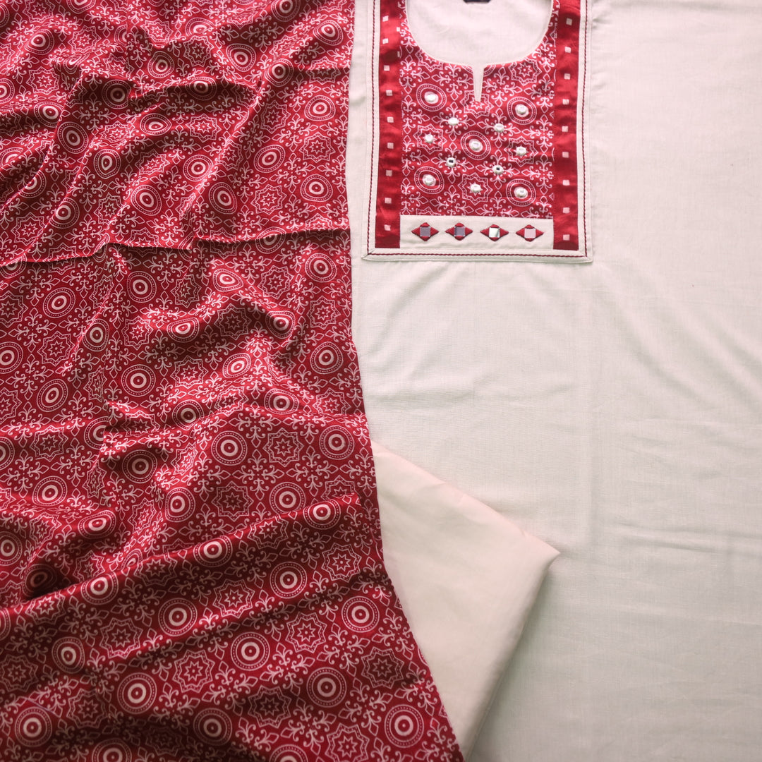 Paaki Off-White Mashru Patch with Mirror Detailing Work Khadi Cotton Suit Set