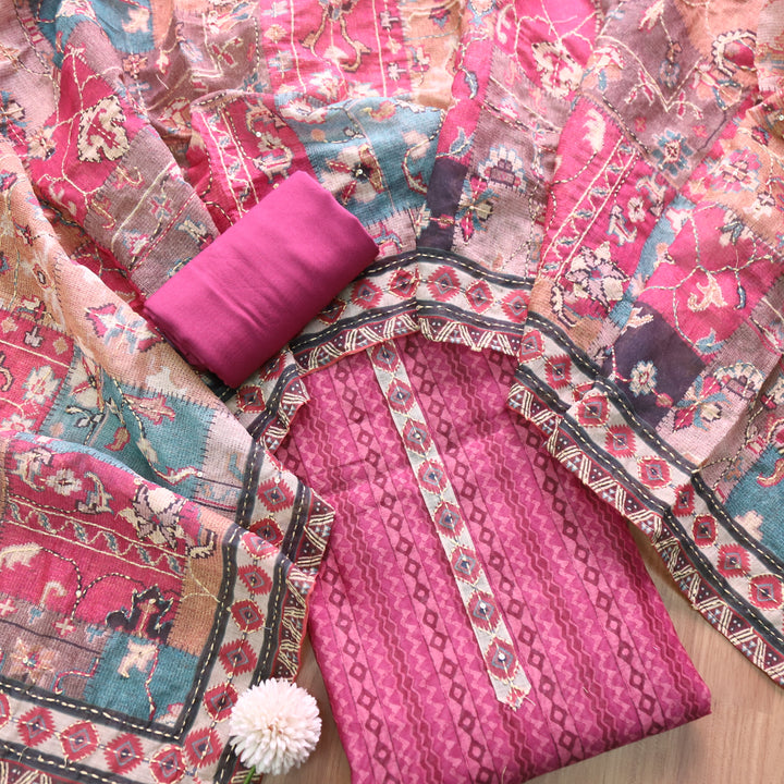 Kashvi Mauve Mulberry Kantha Embroidery Digital Printed Chanderi Suit Set