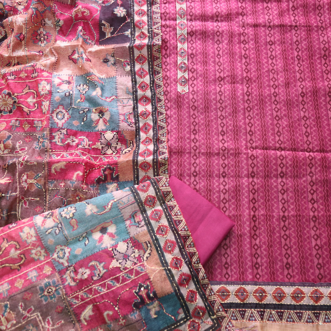 Kashvi Mauve Mulberry Kantha Embroidery Digital Printed Chanderi Suit Set