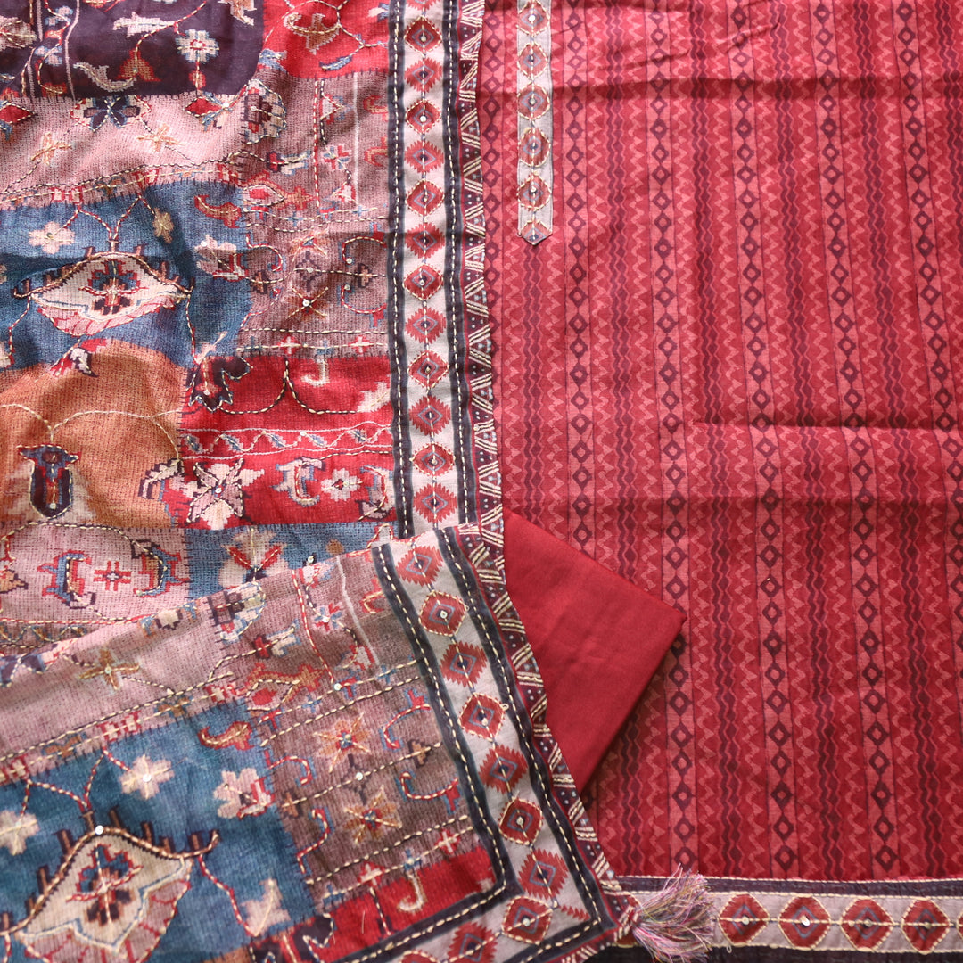 Kashvi Berry Red Kantha Embroidery Digital Printed Chanderi Suit Set