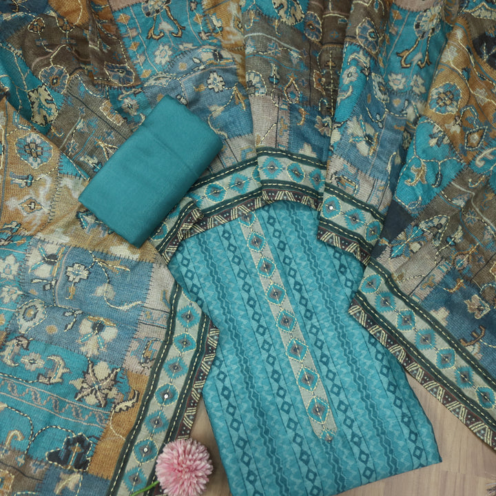 Kashvi Cyan Teal Kantha Embroidery Digital Printed Chanderi Suit Set