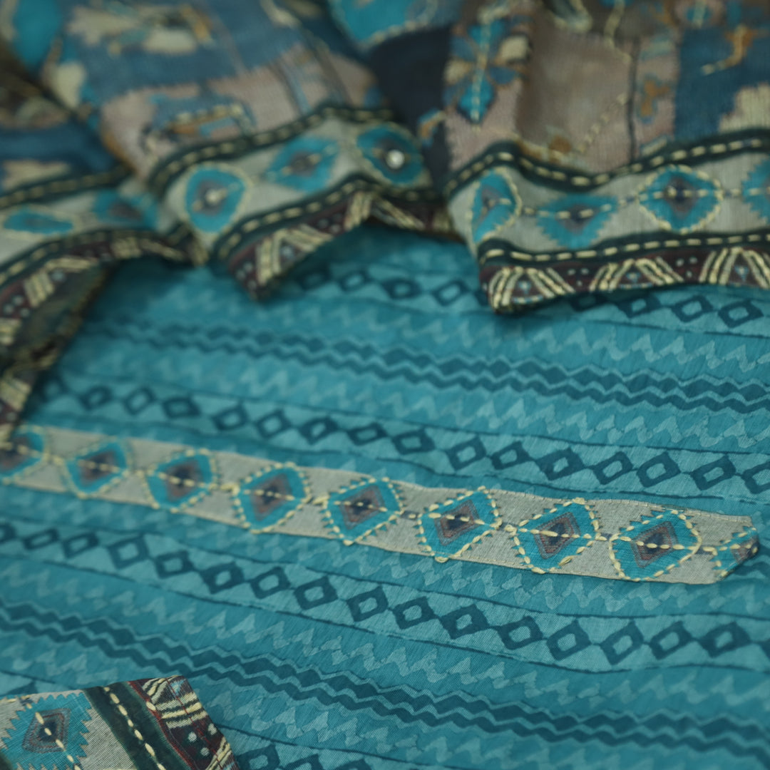 Kashvi Cyan Teal Kantha Embroidery Digital Printed Chanderi Suit Set