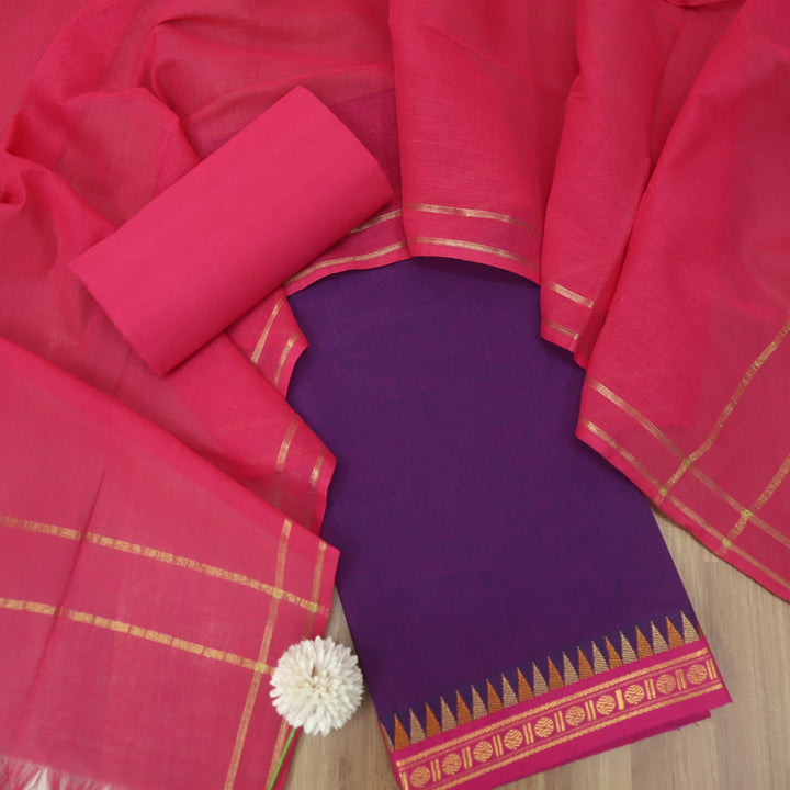 Subhranti Eggplant Purple Temple Hem South Cotton Suit Set