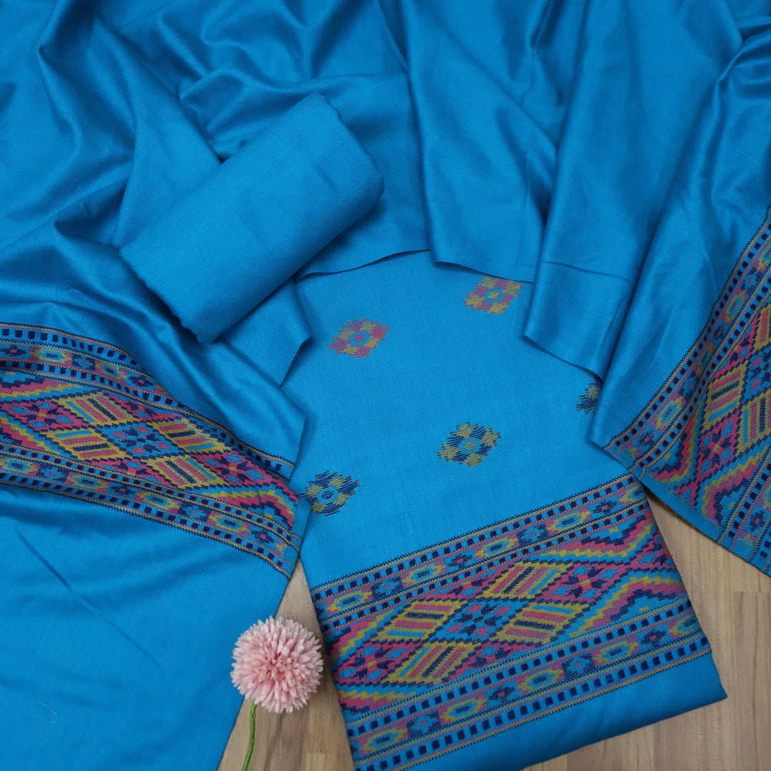 बेगमजान Space Blue Kullu Thread Weaved Hem Semi Pashmina Winter Suit Set