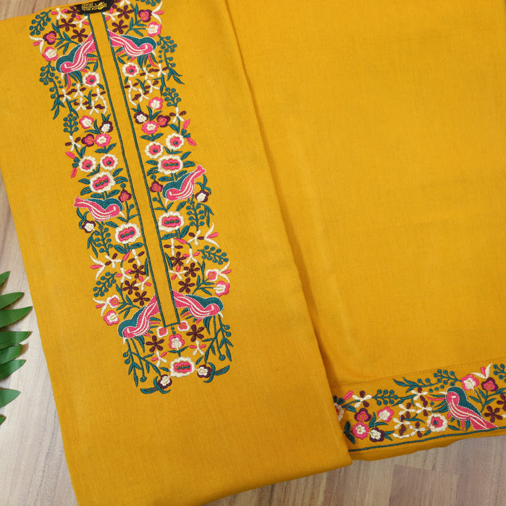 Kush Turmeric Yellow Floral Thread Embroidered Cotton Flex 2 Piece Set