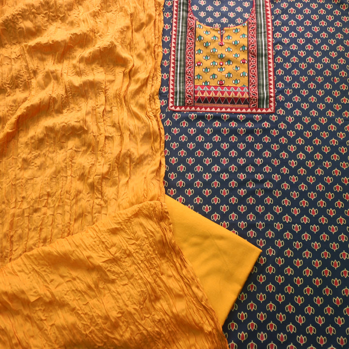 Sufna Pine Green Lotus Printed Kutch Patch Neck Work Cotton Suit Set