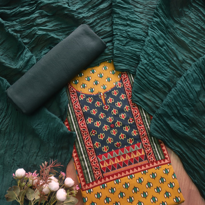 Sufna Canary Yellow Lotus Printed Kutch Patch Neck Work Cotton Suit Set