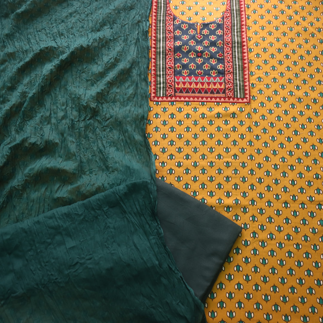 Sufna Canary Yellow Lotus Printed Kutch Patch Neck Work Cotton Suit Set