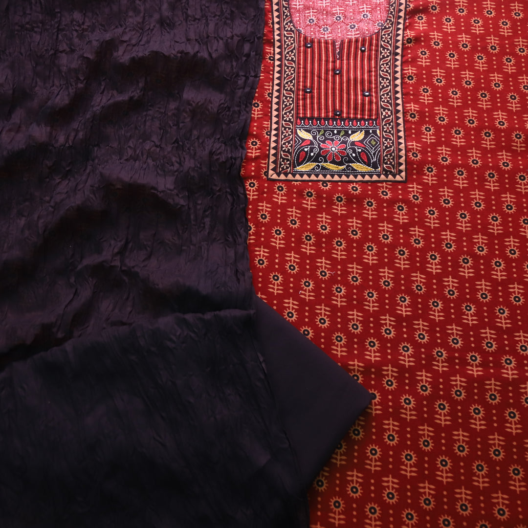 Sufna Dark Red Ajrak Printed Kutch Patch Neck Work Cotton Suit Set