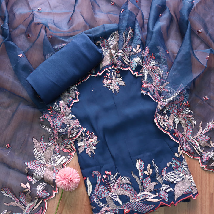 Rabb Royal Blue Thread Embroidered Hem Work Modal Suit Set