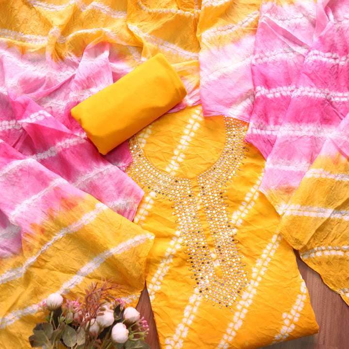 Leher Sunflower Yellow Embellished Neck Work Leheriya Cotton Suit Set