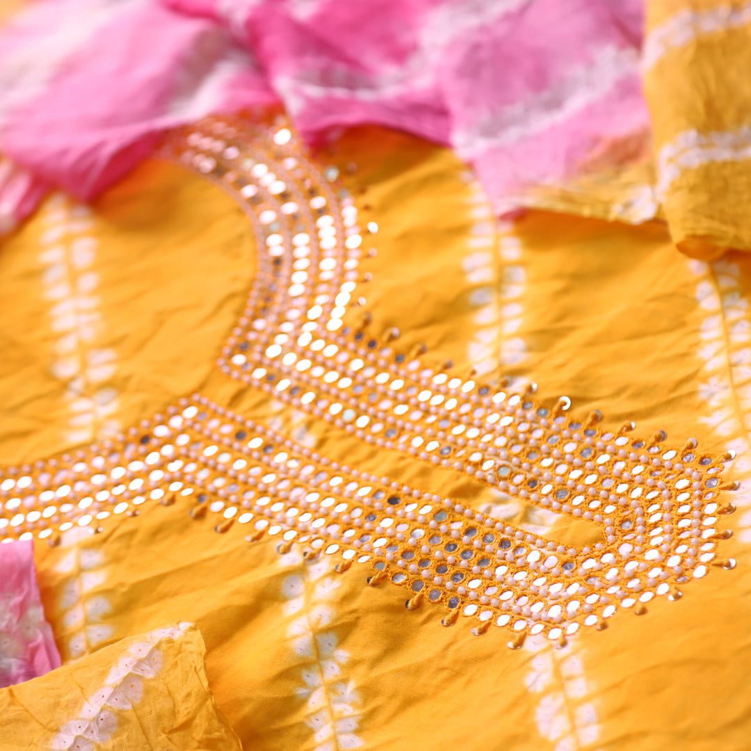 Leher Sunflower Yellow Embellished Neck Work Leheriya Cotton Suit Set