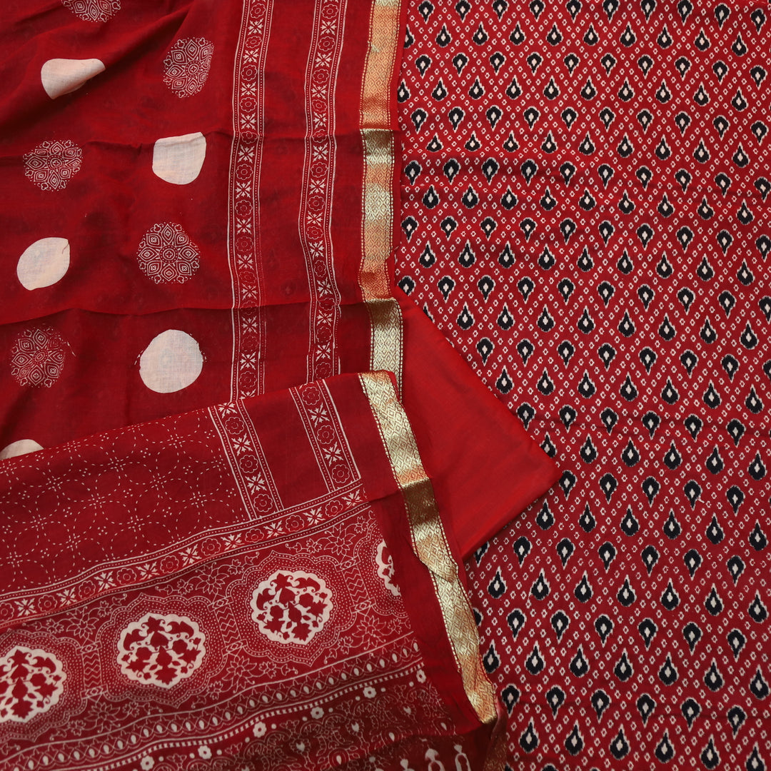 Raina Cherry Red Ikkat Printed with Mangalgiri Hem Work Cotton Suit Set