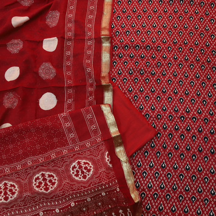 Raina Cherry Red Ikkat Printed with Mangalgiri Hem Work Cotton Suit Set