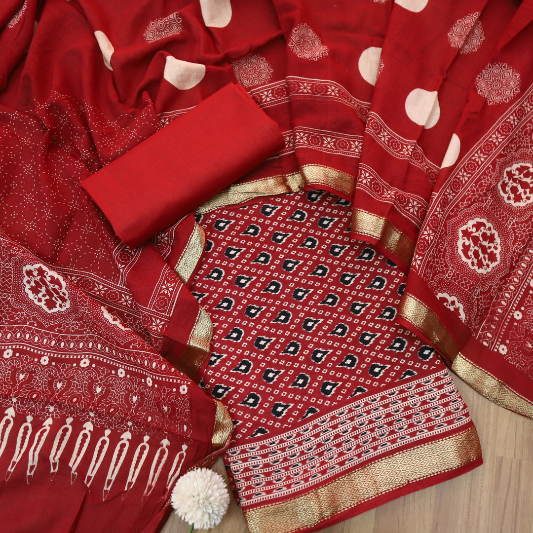Raina Cherry Red Ikkat Printed with Mangalgiri Hem Work Cotton Suit Set