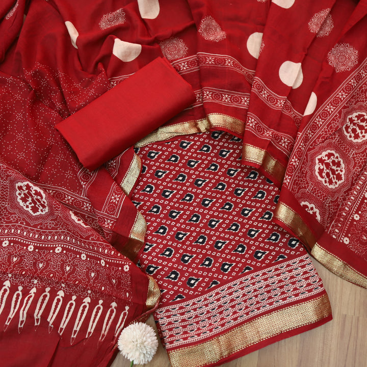 Raina Cherry Red Ikkat Printed with Mangalgiri Hem Work Cotton Suit Set