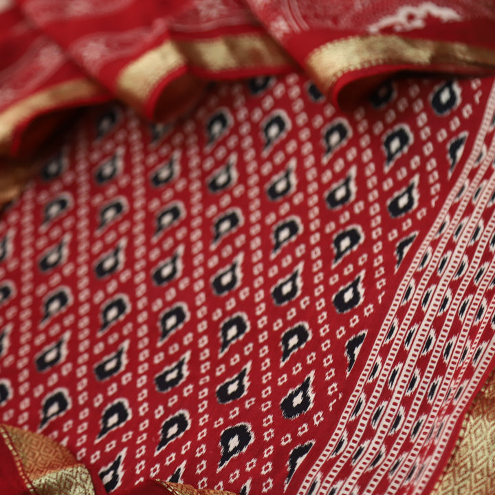 Raina Cherry Red Ikkat Printed with Mangalgiri Hem Work Cotton Suit Set