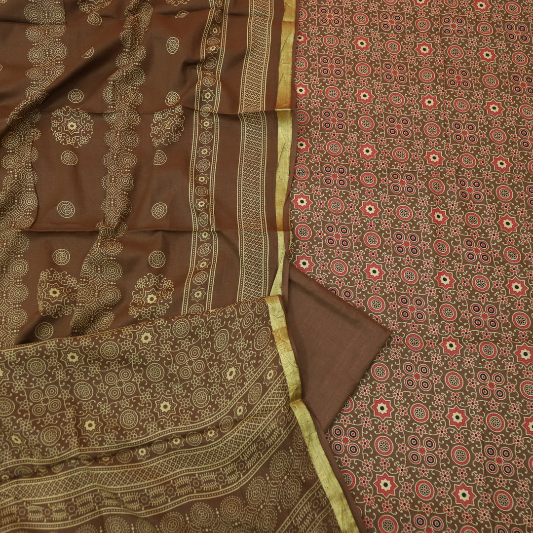Kranti Choco Brown Ajrak Printed Lagdi Patta Hem Work Cotton Suit Set