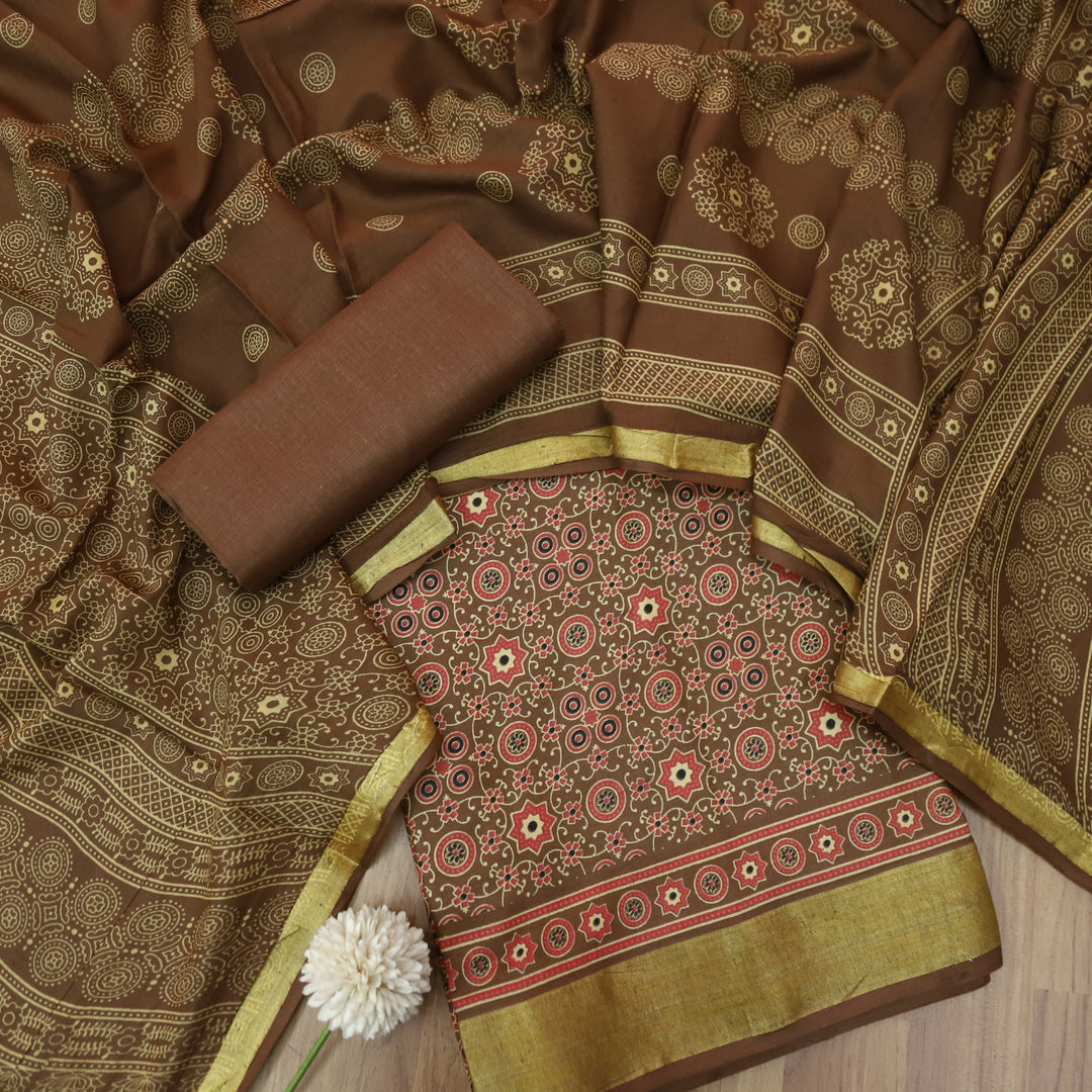 Kranti Choco Brown Ajrak Printed Lagdi Patta Hem Work Cotton Suit Set