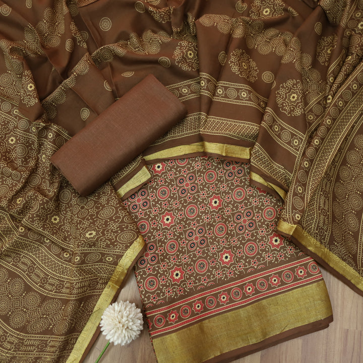 Kranti Choco Brown Ajrak Printed Lagdi Patta Hem Work Cotton Suit Set
