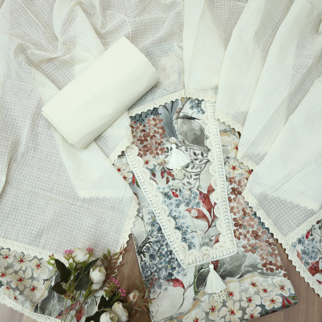 Aafreen Cream White Floral Printed with Lace Work Cotton Suit Set