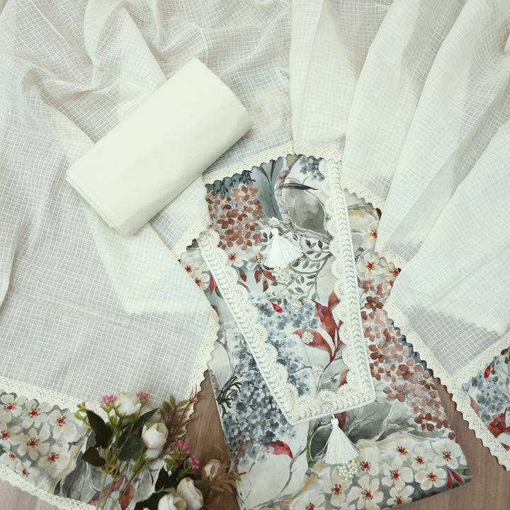 Aafreen Cream White Floral Printed with Lace Work Cotton Suit Set