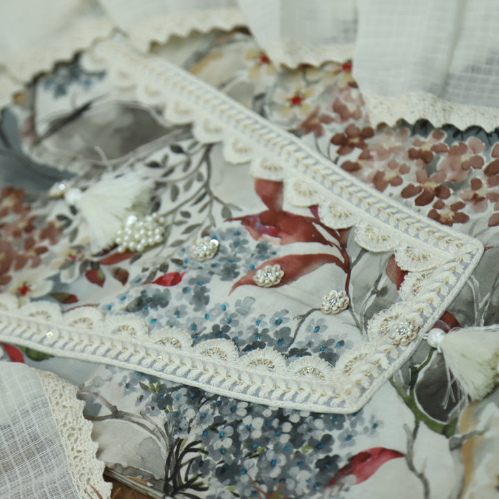 Aafreen Cream White Floral Printed with Lace Work Cotton Suit Set