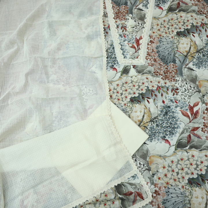 Aafreen Cream White Floral Printed with Lace Work Cotton Suit Set