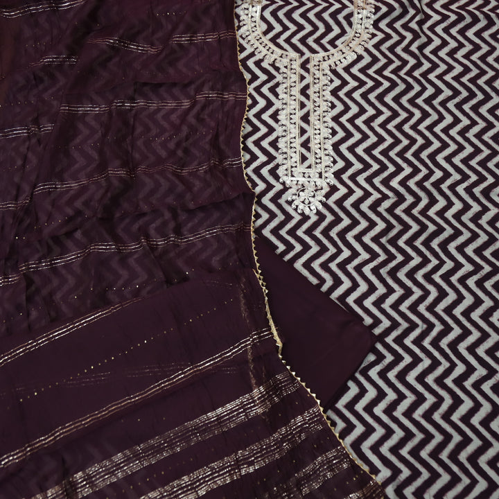 Sajna Dark Wine Purple Embellish Zari Neck Work Leheriya Print Modal Suit Set